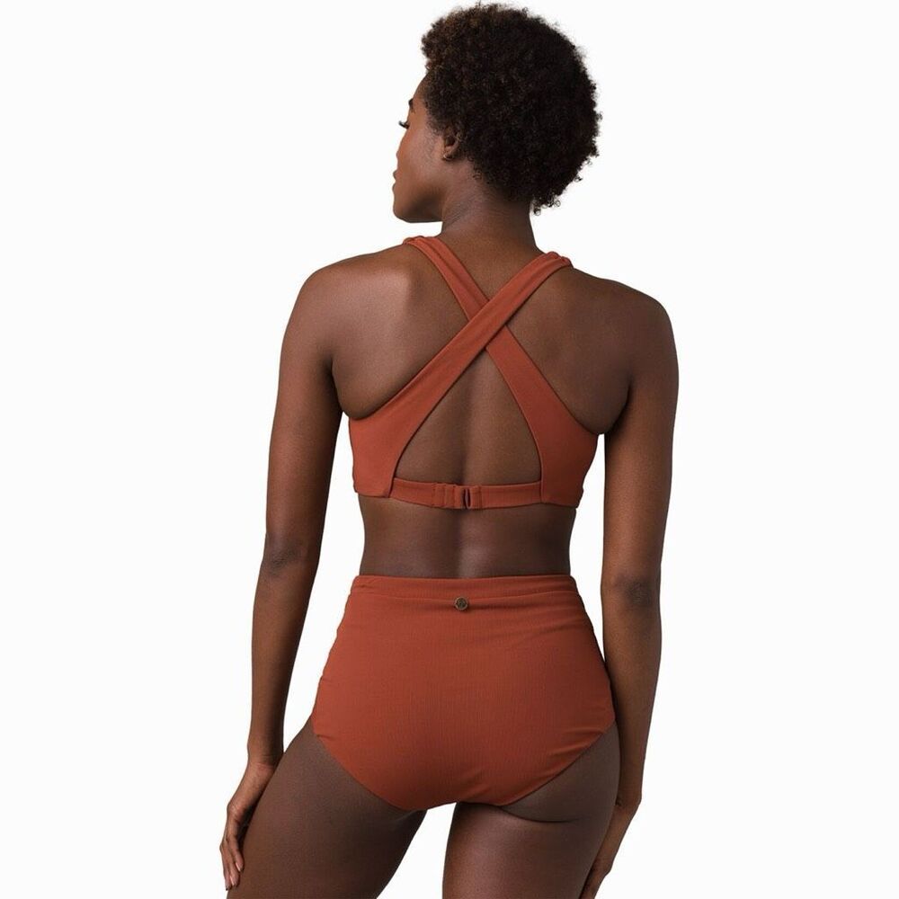 Prana Ella Ribbed Cross Back Bikini Top Rust Brown XS - Picture 2 of 7